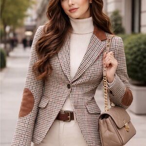 H&M Houndstooth Blazer Jacket with Suede Elbow Patches - Brown